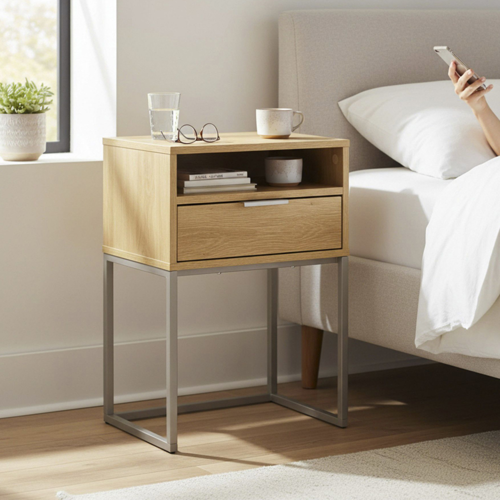 Portima Oak Wooden Bedside Cabinet with Cashmere Tubular Steel Frame