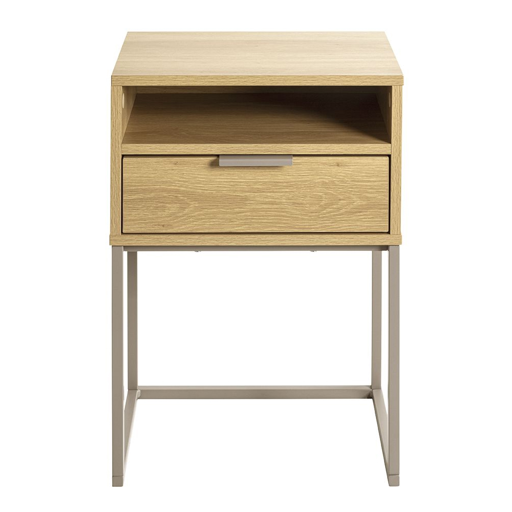 Portima Oak Wooden Bedside Cabinet with Cashmere Tubular Steel Frame