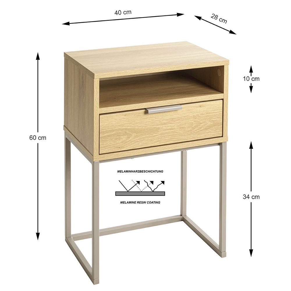 Portima Oak Wooden Bedside Cabinet with Cashmere Tubular Steel Frame