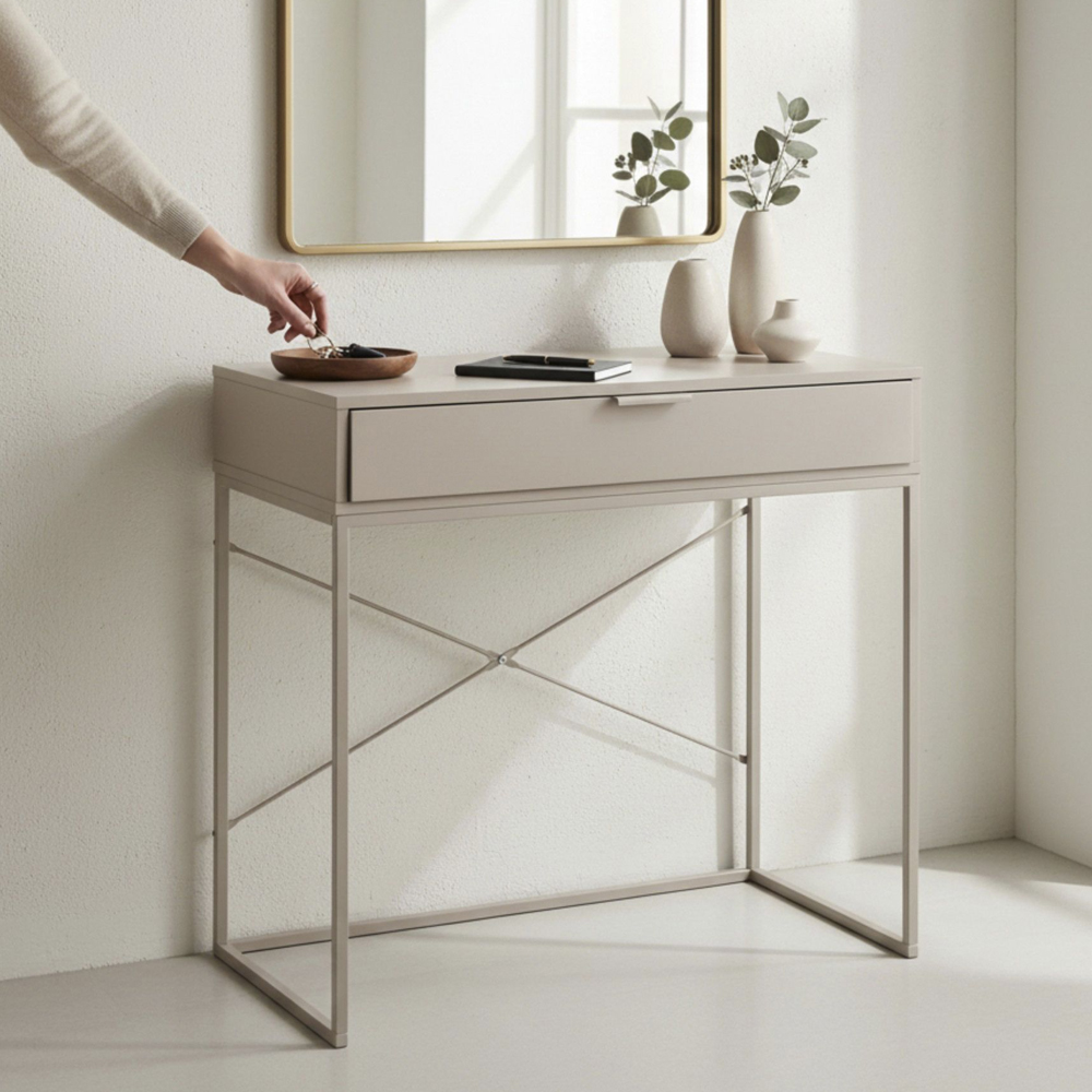 Portima Wooden Console Table with Cashmere Tubular Steel Frame in Grey