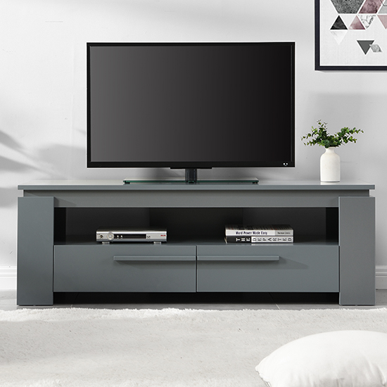 Portland Wooden TV Stand With 2 Drawers In Grey