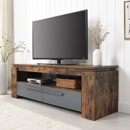 Portland Wooden TV Stand With 2 Drawers In Rustic Oak
