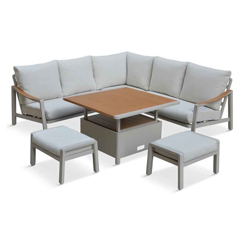 Porto Aluminium Outdoor Square Adjustable Lounge Dining Set in Light Grey and Oak