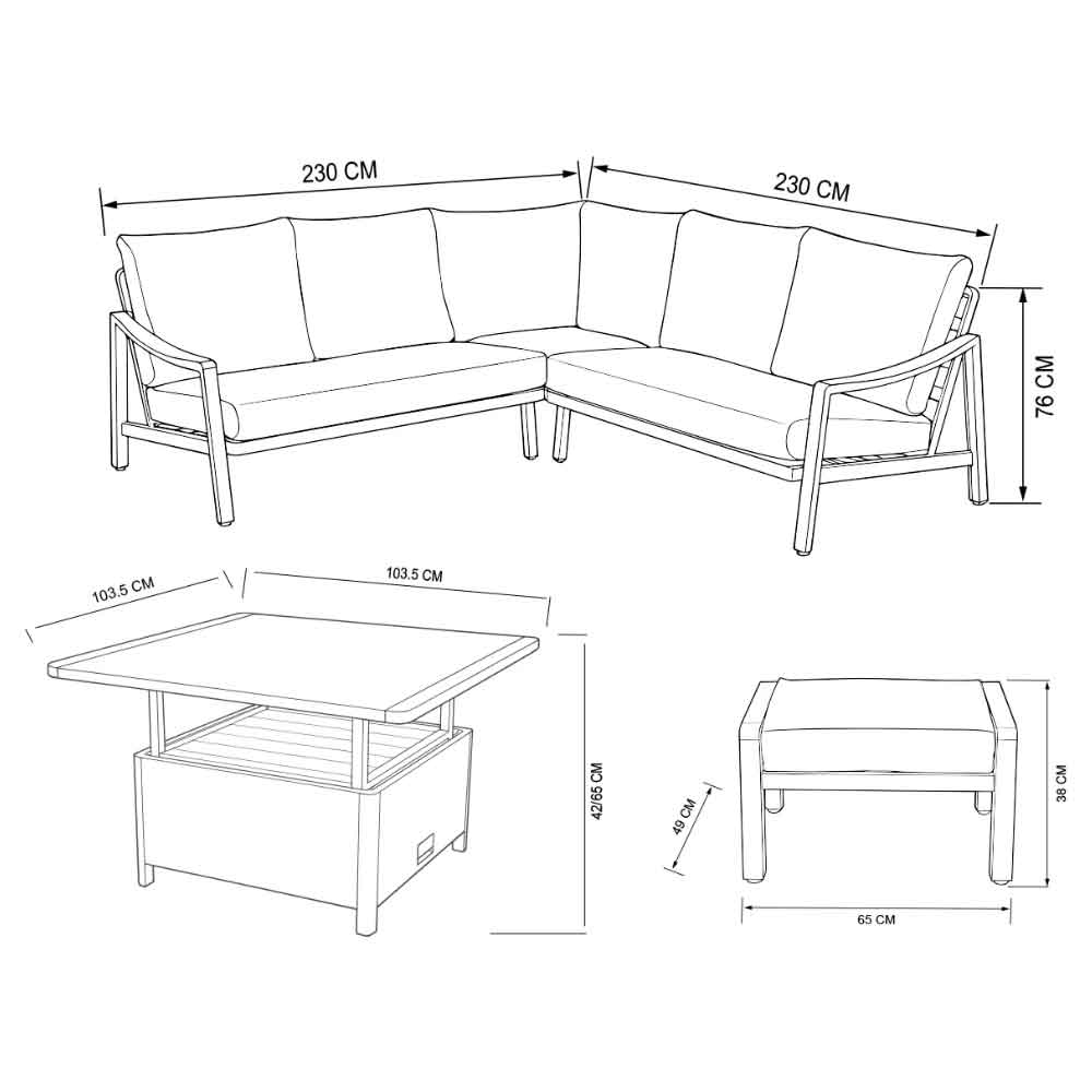 Porto Aluminium Outdoor Square Adjustable Lounge Dining Set in Light Grey and Oak