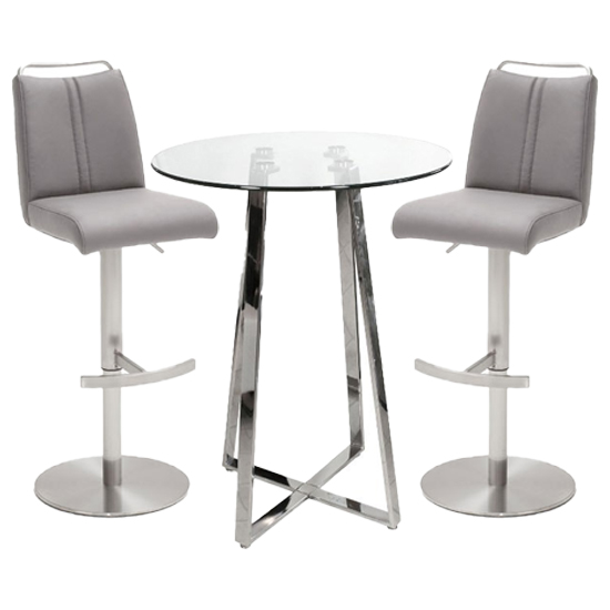 Poseur Round Glass Bar Table With 2 Giulia Ice Grey Stools