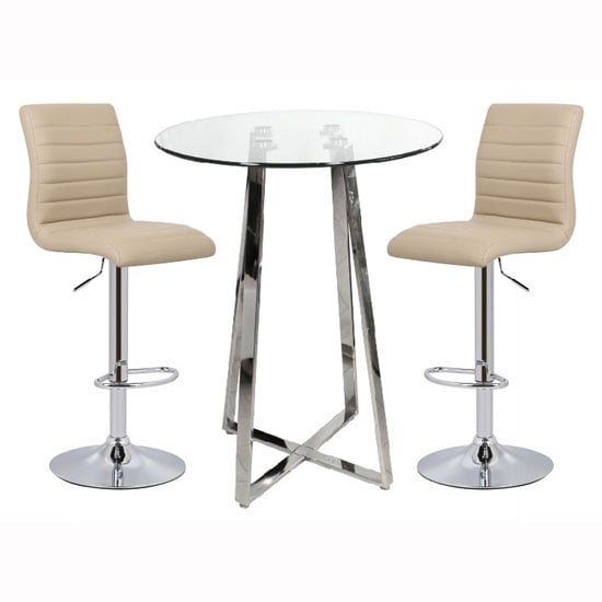 Photo of Poseur bar table in clear glass with 2 ripple stone bar stools