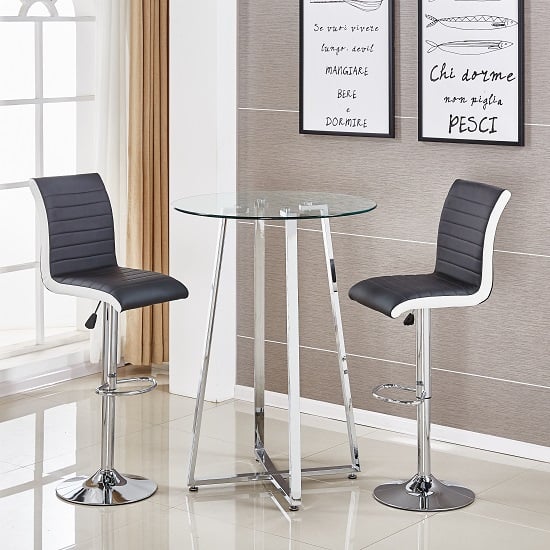Read more about Poseur clear glass bar table with 2 ritz black white bar stools