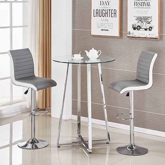 Product photograph of Poseur Glass Bar Table With 2 Ritz Grey And White Stools from Furniture in Fashion