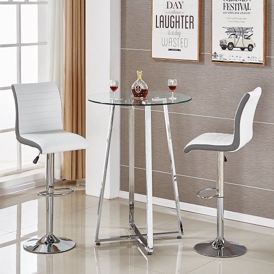 Read more about Poseur glass bar table with 2 ritz white and grey bar stools