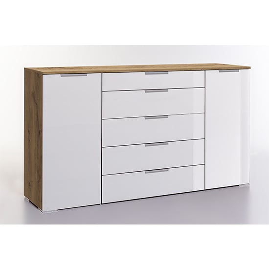 Posterior Wide Sideboard In White High Gloss And Planked Oak
