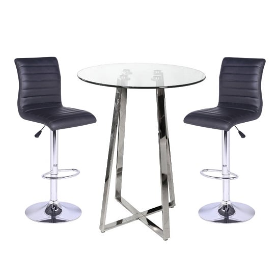 Read more about Poseur clear glass bar table with 2 ripple black bar stools