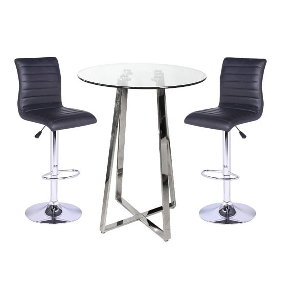 Read more about Poseur bar table in clear glass with 2 ripple black bar stools