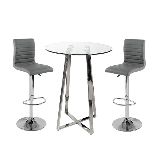 Photo of Poseur bar table in clear glass with 2 ripple grey bar stools