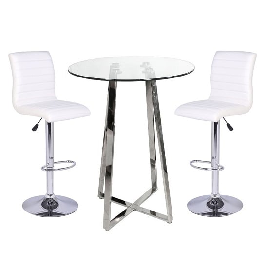 Read more about Poseur bar table in clear glass with 2 ripple white bar stools