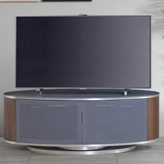 Photo of Lanza high gloss tv stand with push doors in grey and walnut