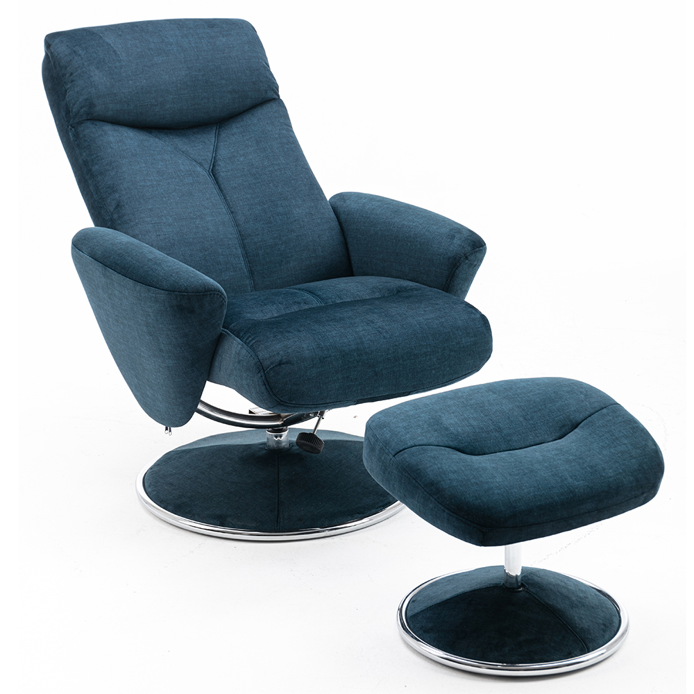 Poznan Fabric Recliner Chair With Stool In Deep Sea