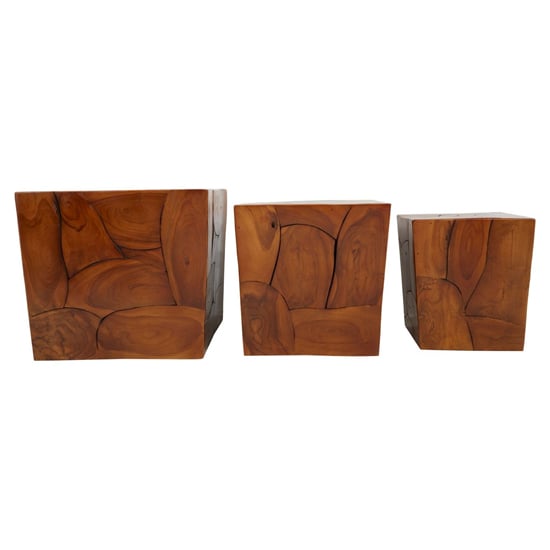 Praecipua Square Set Of 3 Teak Wooden Stools In Brown_2