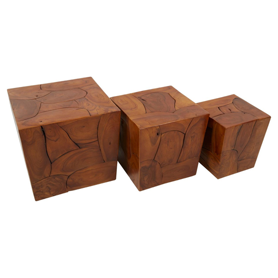 Praecipua Square Set Of 3 Teak Wooden Stools In Brown_3
