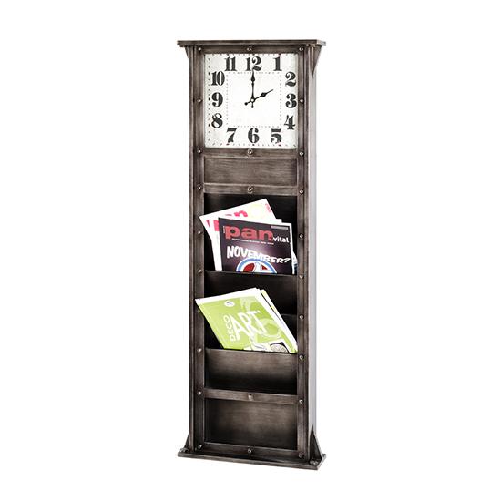 Prairie Wooden Wall Hung Magazine Rack With Clock In Anthracite_2