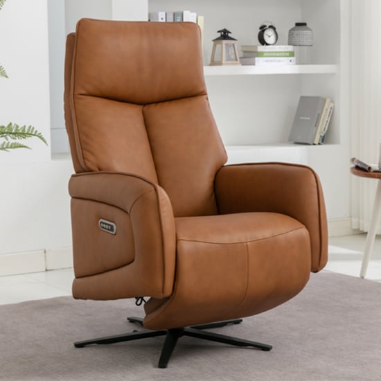 Product photograph of Prato Leather Swivel Recliner Armchair In Camel from Furniture in Fashion