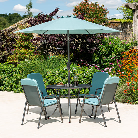 Read more about Prats 1050mm dining table with 4 chairs and parasol in jade