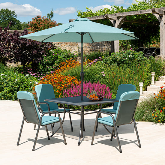 Read more about Prats 1100mm dining table with 4 chairs and parasol in jade