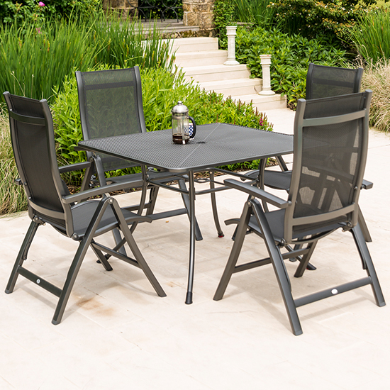 Read more about Prats outdoor 1100mm dining table with 4 recliners in grey