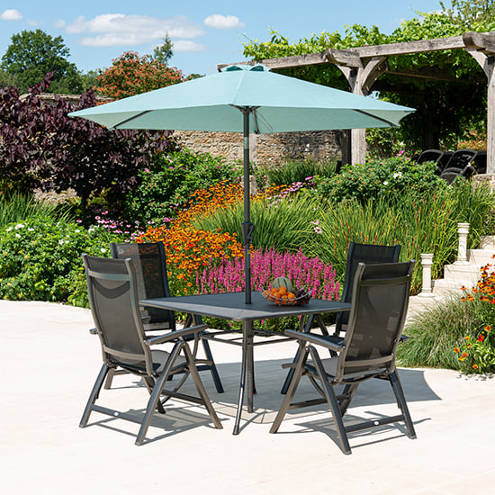 Photo of Prats 1100mm dining table with 4 recliners and parasol in blue