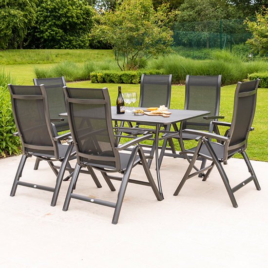 Read more about Prats outdoor 1450mm dining table with 6 recliners in grey
