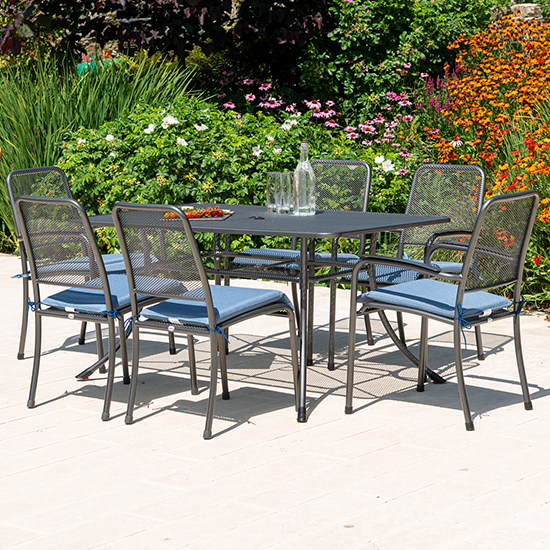 Read more about Prats outdoor 1450mm dining table with 6 chairs in blue
