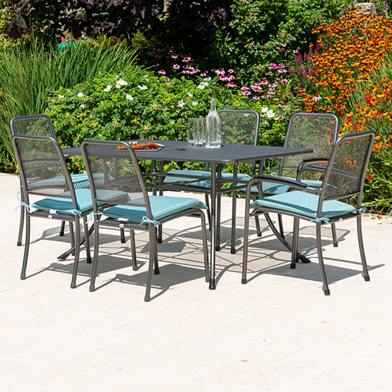 Product photograph of Prats Outdoor 1450mm Dining Table With 6 Chairs In Jade from Furniture in Fashion