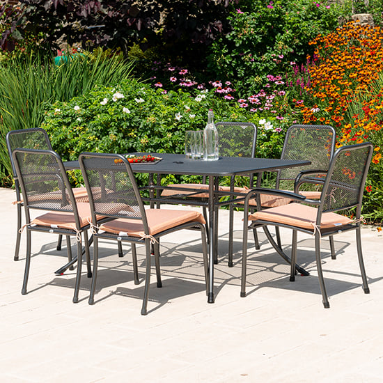 Product photograph of Prats Outdoor 1450mm Dining Table With 6 Chairs In Ochre from Furniture in Fashion