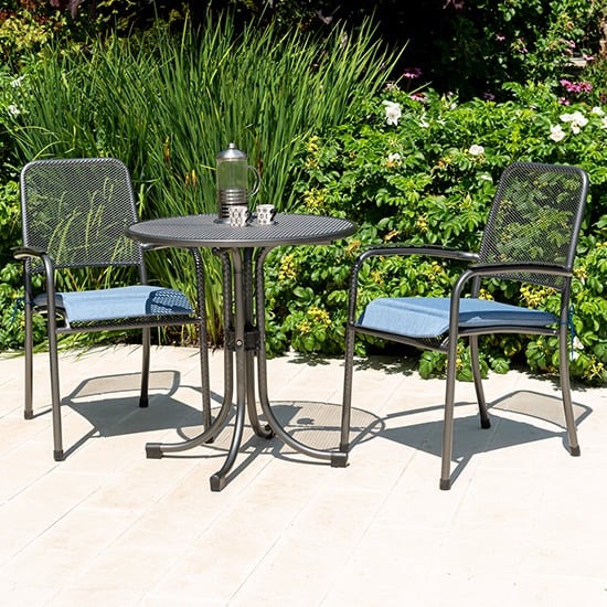Photo of Prats outdoor metal bistro table with 2 armchairs in blue