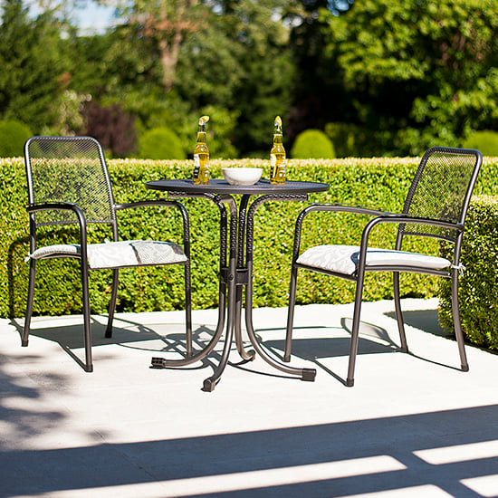 Photo of Prats outdoor metal bistro table with 2 armchairs in charcoal