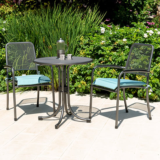 Photo of Prats outdoor metal bistro table with 2 armchairs in jade