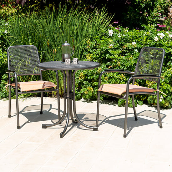 Product photograph of Prats Outdoor Metal Bistro Table With 2 Armchairs In Ochre from Furniture in Fashion
