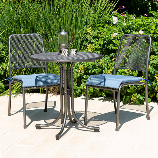Photo of Prats outdoor metal bistro table with 2 chairs in blue