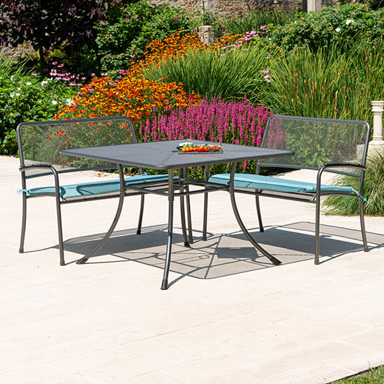 Product photograph of Prats Outdoor Metal Dining Table With 2 Benches In Blue from Furniture in Fashion