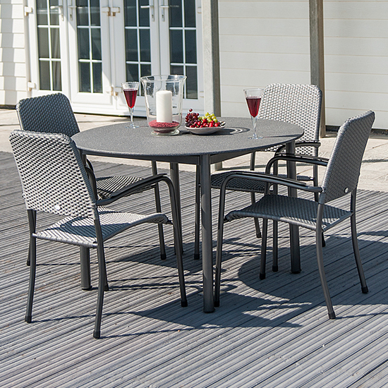 Read more about Prats outdoor stone top dining table with 4 armchairs in grey