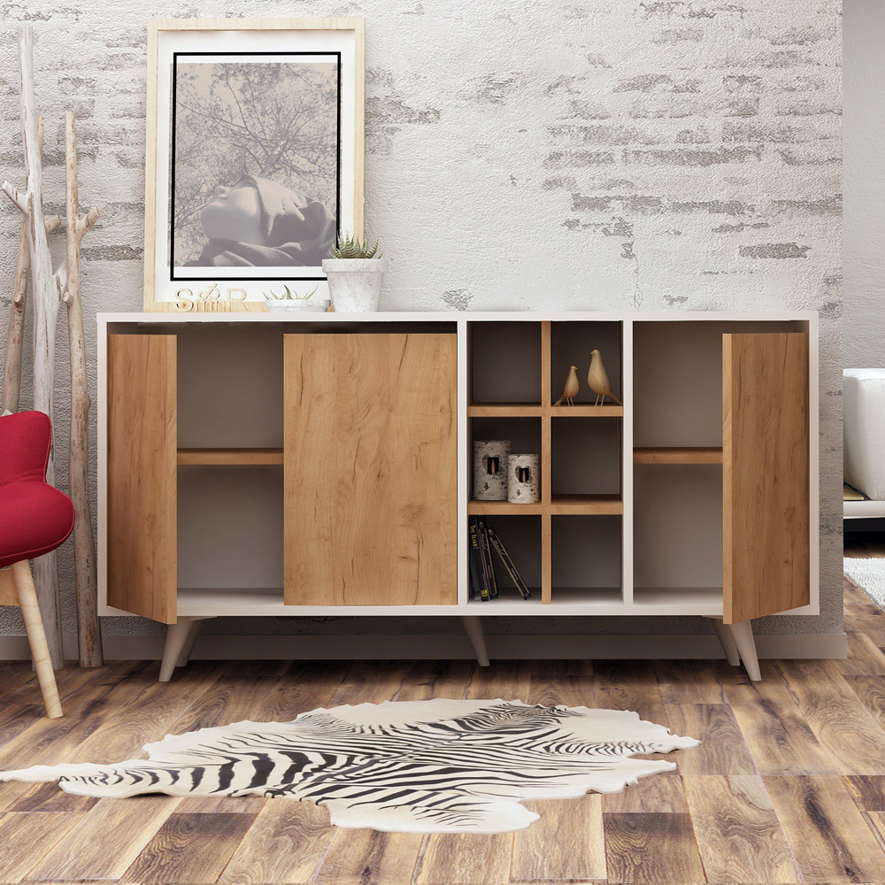 Prava Wooden Sideboard with 3 Doors in White and Oak