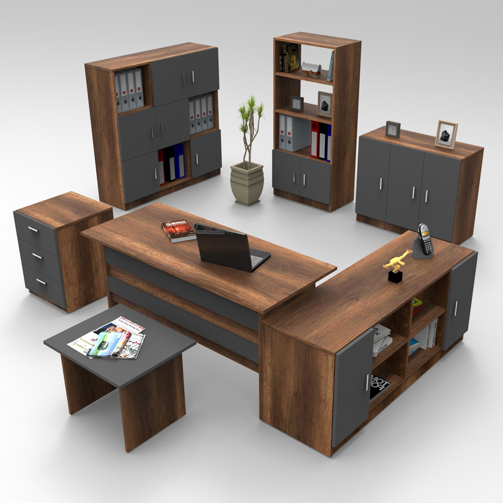 Prescott Wooden Corner Executive Office Furniture Set with 13 Door Storage Unit in Baroque and Anthracite