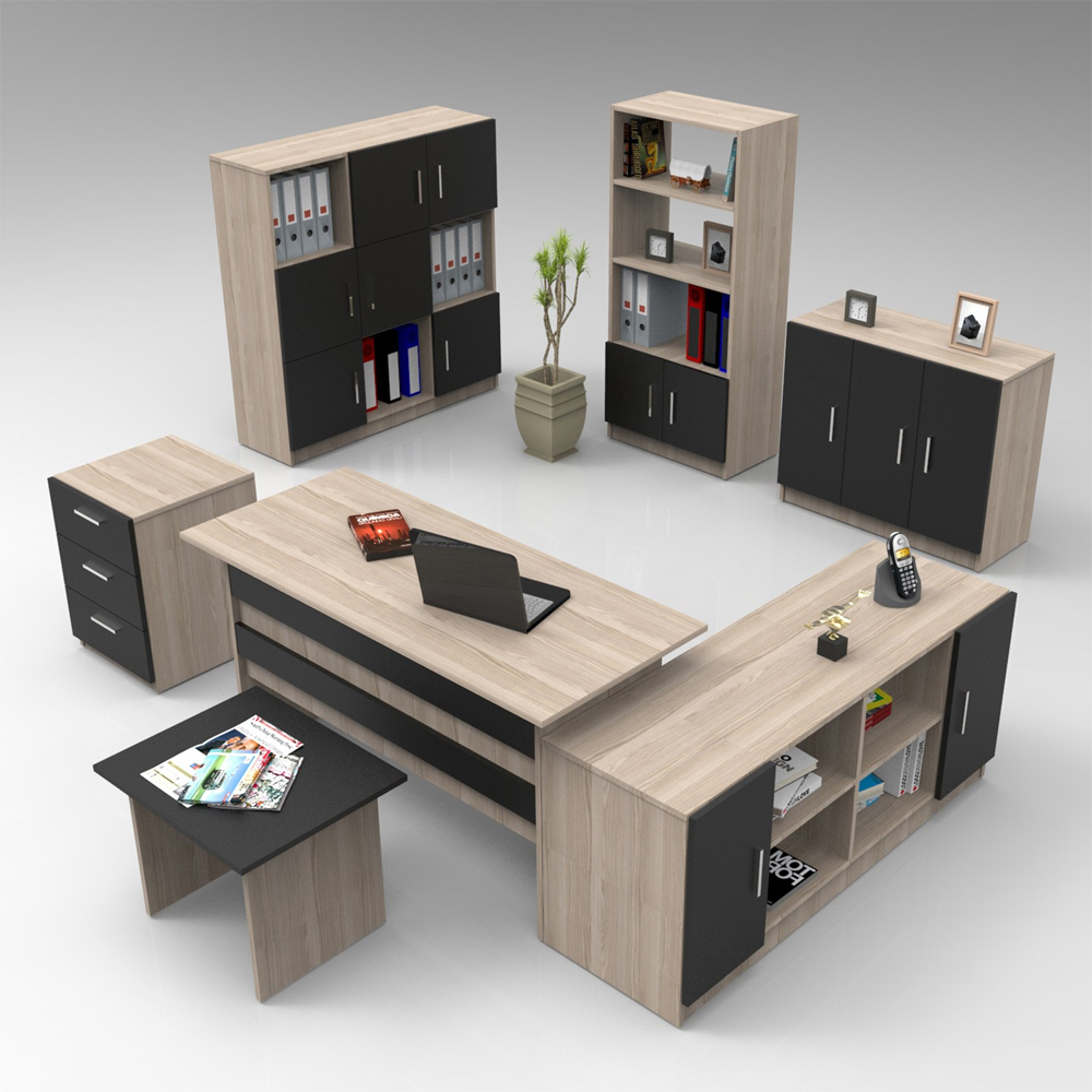 Prescott Wooden Corner Executive Office Furniture Set with 13 Door Storage Unit in Oak Larx and Black