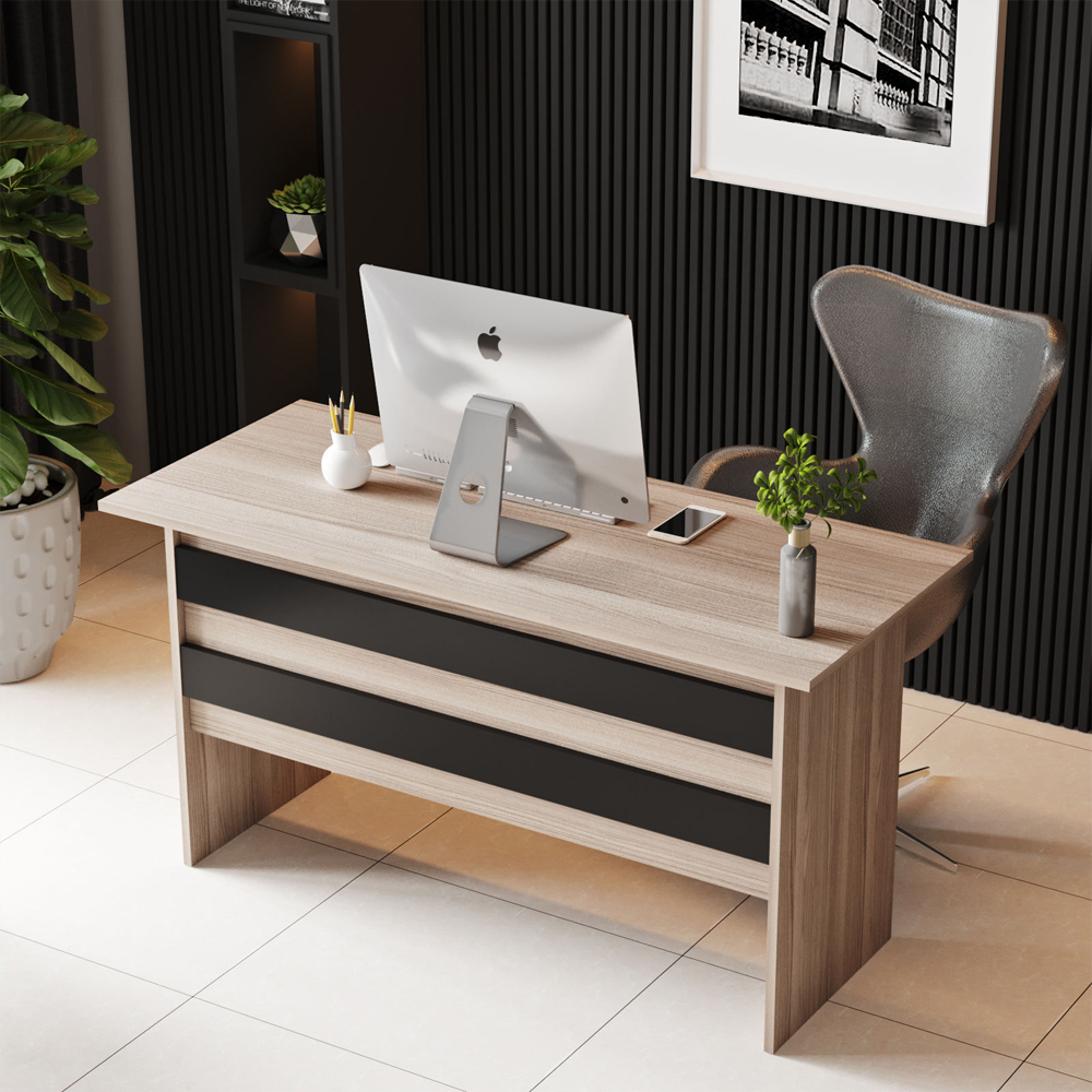 Prescott Wooden Corner Executive Office Furniture Set with Bookcase in Oak and Black