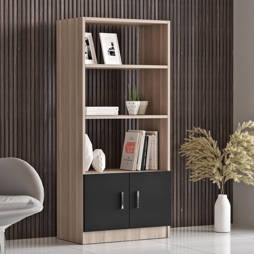 Prescott Wooden Corner Executive Office Furniture Set with Bookcase in Oak and Black