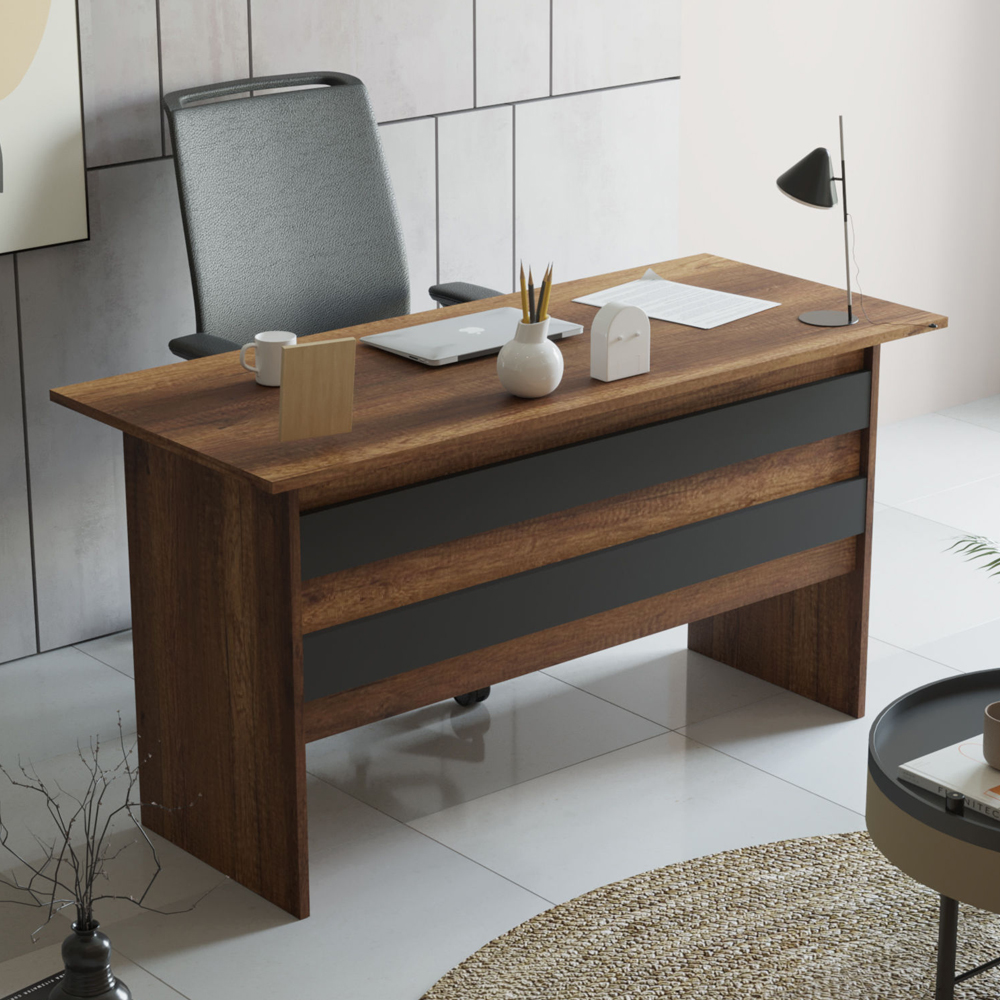 Prescott Wooden Corner Executive Office Furniture Set with Bookcase in Walnut and Anthracite