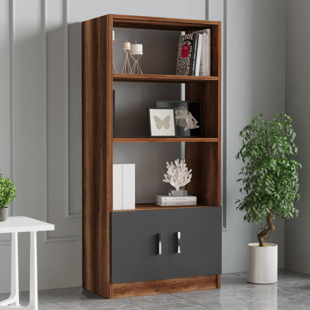 Prescott Wooden Corner Executive Office Furniture Set with Bookcase in Walnut and Anthracite
