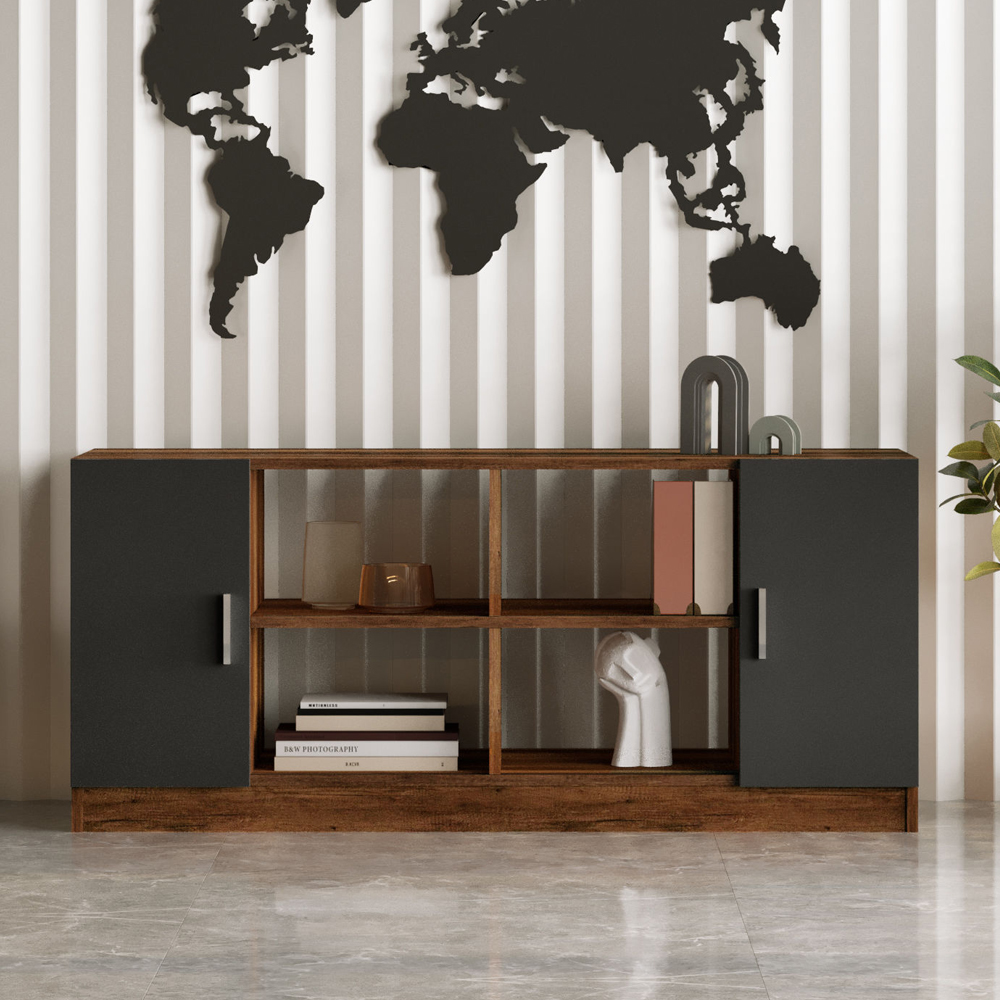 Prescott Wooden Corner Executive Office Furniture Set with Bookcase in Walnut and Anthracite
