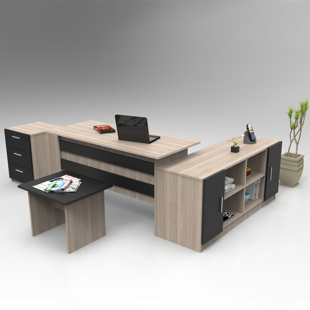 Prescott Wooden Corner Executive Office Furniture Set in Oak and Black