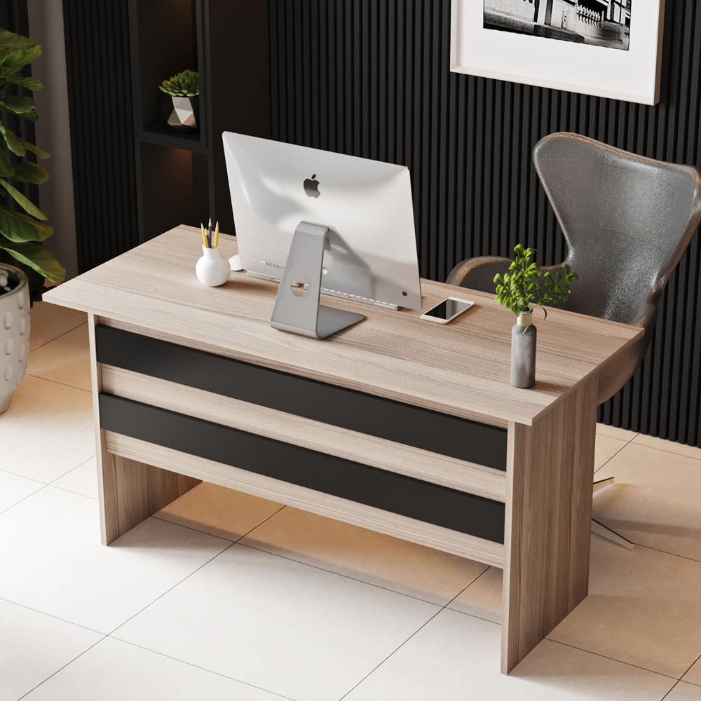 Prescott Wooden Corner Executive Office Furniture Set in Oak and Black