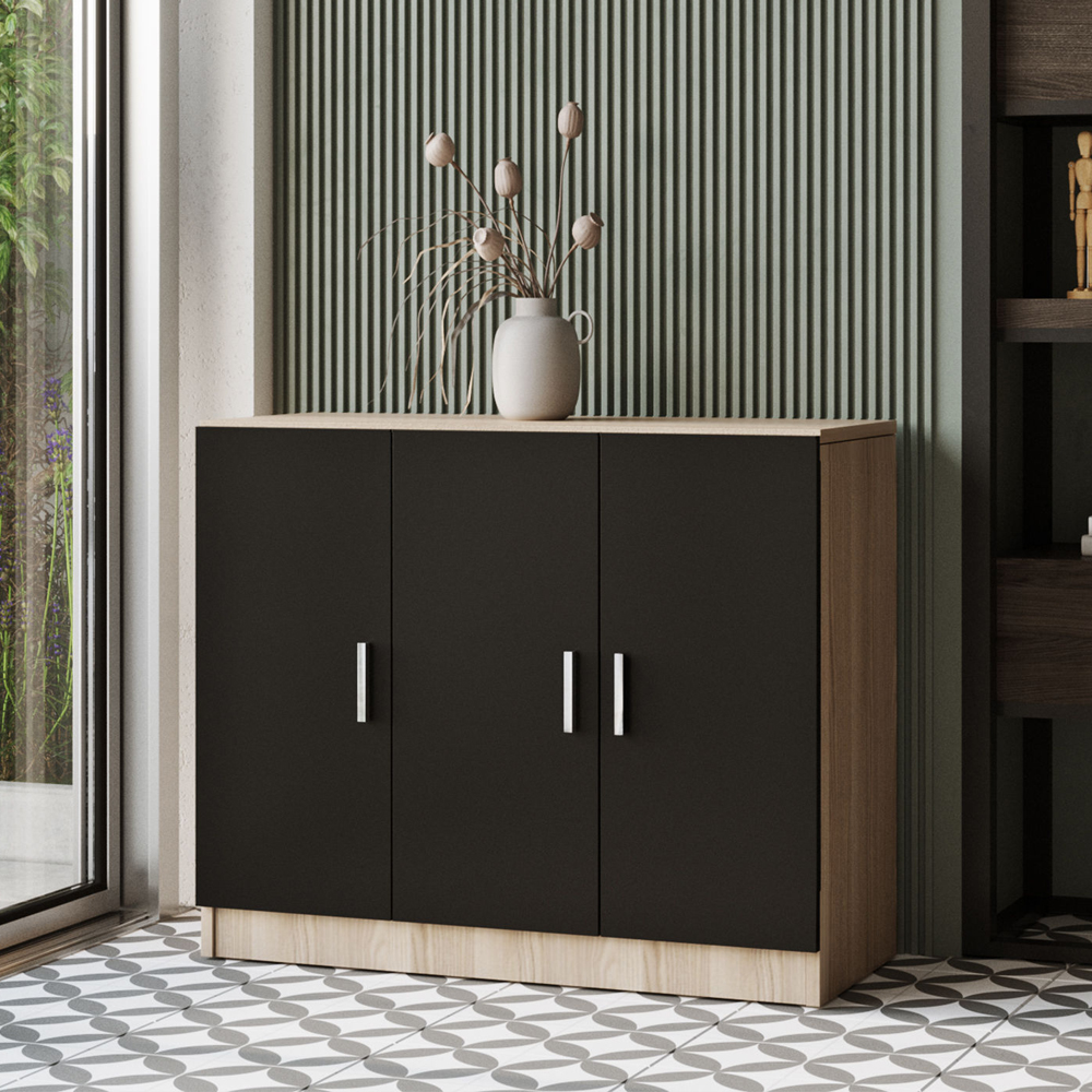Prescott Wooden Corner Executive Office Furniture Set with Storage Cabinet in Oak and Black